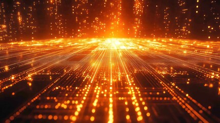 Aufkleber - Abstract digital landscape with glowing lines and particles representing technology and data flow.