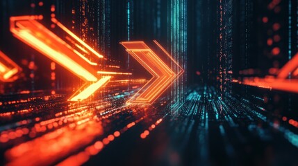 Poster - Abstract digital scene with glowing arrows and data streams, symbolizing progress and technology.