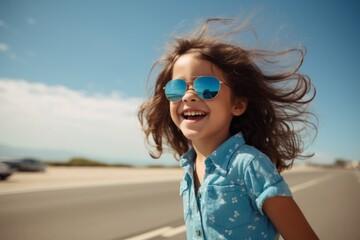 Wall Mural - portrait of a beautiful smiling girl in blue sunglasses on the road