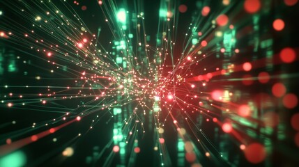 Poster - Abstract digital visualization with vibrant particles and lines representing data flow.