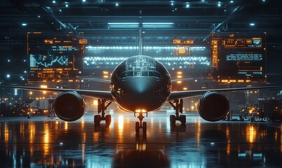 Poster - A futuristic airplane in a high-tech hangar with glowing screens.