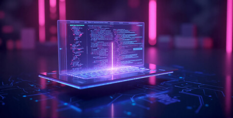 ai code assistance in a futuristic setting, where neon purple and blue colors dominate the scene, em