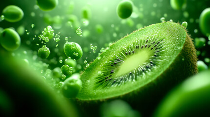 Wall Mural - A vibrant close-up of a sliced kiwi surrounded by green bubbles, showcasing its juicy texture and bright color.