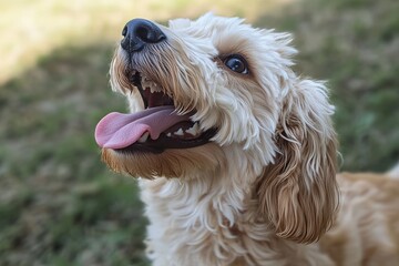  Happy Goldendoodle dog looking up at the sky with its tongue out in studio lighting. AI generated illustration