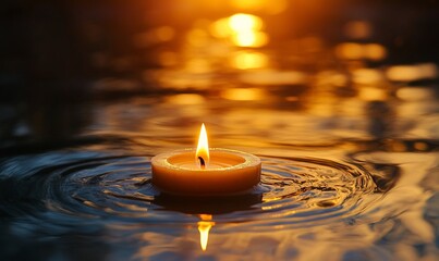 Wall Mural - A lit candle floating on water, creating a serene and warm atmosphere.