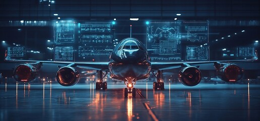 Poster - A modern aircraft in a high-tech hangar with digital interfaces.