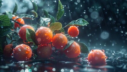 Wall Mural - Close-up of ripe orange fruits with water drops on leaves and reflecting on the dark surface.