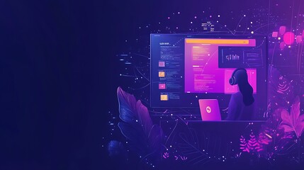 woman working on a laptop with code on a large screen in a futuristic setting with neon lights and d