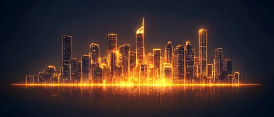 Poster - Futuristic City Skyline with Glowing Lights and Skyscrapers at Night, Depicting a Modern Urban Landscape with Digital Effects and Vibrant Colors