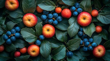 Poster - Arrangement of apples and blueberries on leafy background