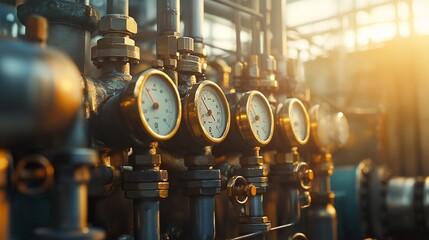 Poster - Close-up of industrial pressure gauges and piping in a factory setting.