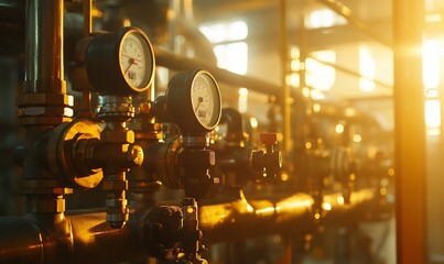 Poster - Industrial scene featuring gauges and valves in a warm-lit environment.