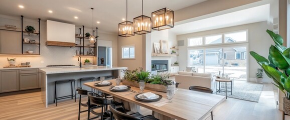 Wall Mural - Modern kitchen and dining area with natural light and stylish decor.