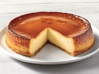 Sticker - A creamy caramel flan dessert with a slice removed, served on a white plate.