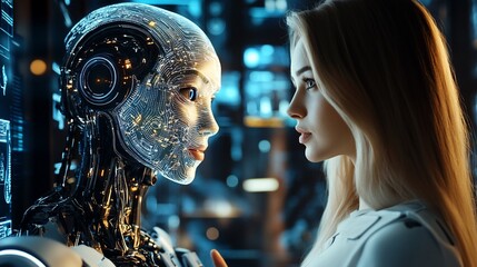 Fototapete - A human and a humanoid robot engage in a thoughtful interaction.