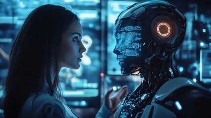 Fototapete - A woman interacts with a humanoid robot in a futuristic setting.