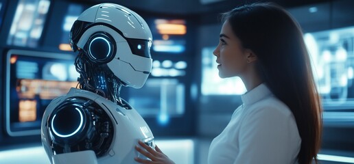 Poster - A woman interacts with a humanoid robot in a futuristic setting.