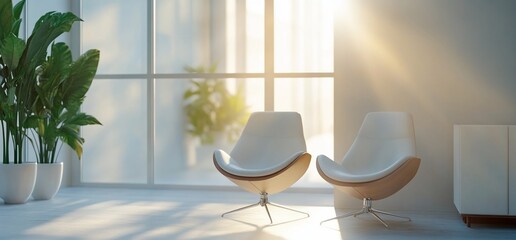 Wall Mural - Bright interior with modern chairs and lush plants in a serene setting.