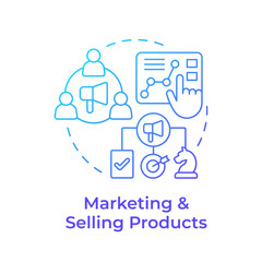 Wall Mural - Marketing and selling products blue gradient concept icon. Start manufacturing business. Reach target audience. Round shape line illustration. Abstract idea. Graphic design. Easy to use in article