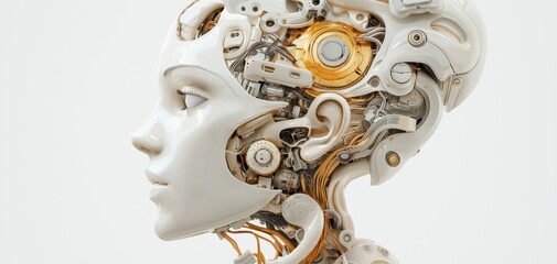 Leinwandbilder - A futuristic robotic head design showcasing intricate mechanical components and a human-like appearance.