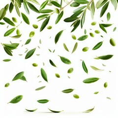 Wall Mural - Green olives and leaves falling from olive branch on white background, creating a natural and vibrant image