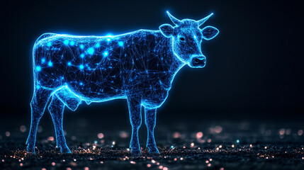 Wall Mural - A digital cow icon glowing with dairy production data, symbolizing online farming platforms, smart agricultural tools, and livestock management analytics. 