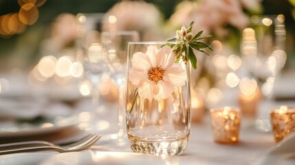 Poster - A beautifully arranged table setting featuring a glass with a flower, creating an elegant atmosphere.