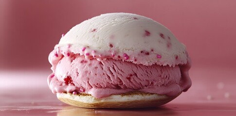 A colorful ice cream sandwich featuring pink and white ice cream between two cookie layers.