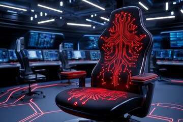 A futuristic portrayal of evil as an AI hologram with glowing red circuitry, malevolent algorithms displayed in a high-tech room