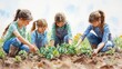 © logyartstudios - Four girls gardening, planting seedlings in the soil.
