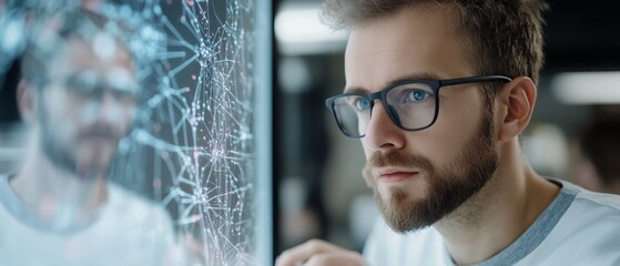 Wall Mural - a focused man wearing glasses studies a digital interface displaying intricate data patterns, reflec