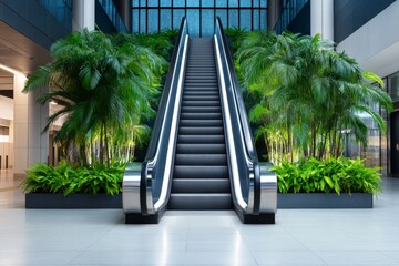Poster - A quiet early morning scene of an empty escalator in a subway station, with soft, natural light streaming in