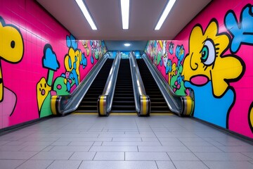 Poster - A quiet early morning scene of an empty escalator in a subway station, with soft, natural light streaming in
