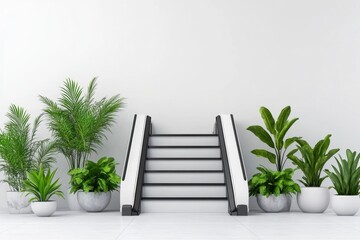 Poster - A simple, minimalist graphic of an escalator with smooth lines and clean geometric shapes, emphasizing motion and modernity, on a white background