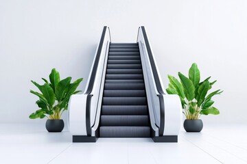 Poster - A simple, minimalist graphic of an escalator with smooth lines and clean geometric shapes, emphasizing motion and modernity, on a white background