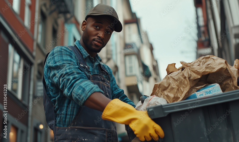 A garbage man removing waste and cleaning the streets, dustman ...