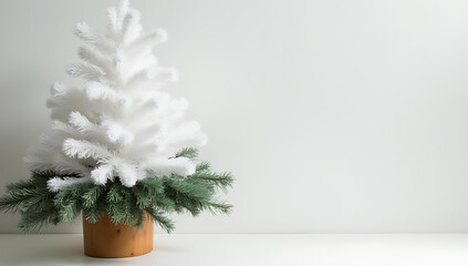 Wall Mural - a white christmas fir tree is adorned with a festive pine branch decoration on its wooden base._0000