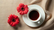 © fotoluigi868 - A simple yet elegant flat lay design features a coffee cup with a red flower on a rustic sackcloth background, evoking feminine concepts._00001_