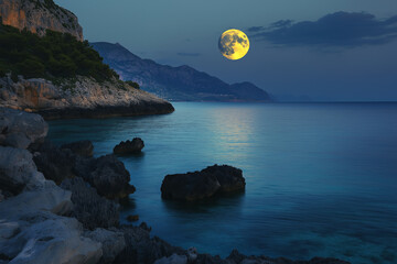 Wall Mural - romantic and scenic panorama with full moon on sea to night