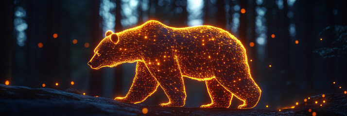 Wall Mural - A digital hiking icon linked to a glowing bear, symbolizing online adventure platforms studying wildlife trails and habitats.  