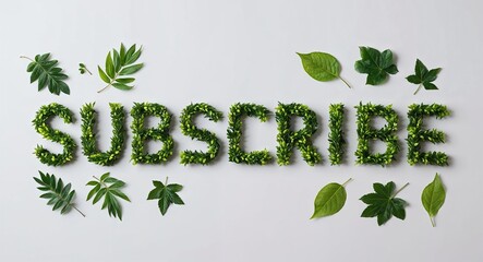 Wall Mural - Subscribe lettering made of green leaves nature concept on plain white background