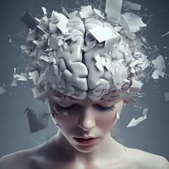 Aufkleber - Ethereal Human Head Surrounded by Fragments and Shattered Elements, Symbolizing the Complexity of Thought and Modern Creativity Amid Chaos and Transformation