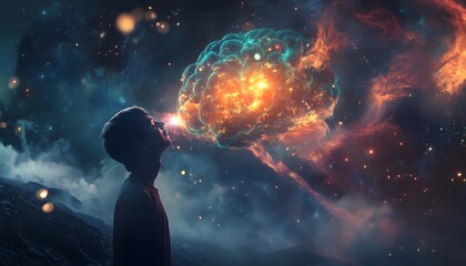 Aufkleber - A Person Silhouetted Against a Cosmic Background Emitting a Colorful Energy Brain From Their Mouth in a Dreamlike Space Scene