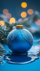 Wall Mural - Festive blue ornament surrounded by twinkling lights and evergreen branches, reflecting the warmth of the holiday season with a sparkling touch, set against a deep blue backdrop.