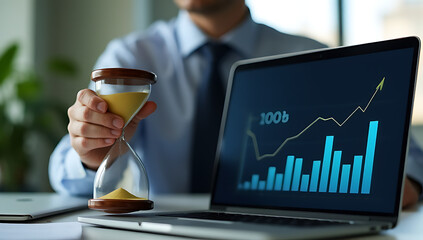 Wall Mural - a businessman holds an hourglass near a graph chart displayed on his computer laptop, symbolizing ti