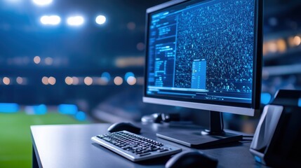 Wall Mural - high-tech computer setup displaying data insights at a sports event with spectators in the backgroun