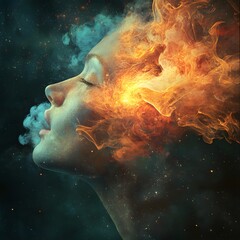 Poster - Ethereal Portrait of a Woman Surrounded by Colorful Smoke and Fire Elements, Capturing the Essence of Light and Emotion in a Dreamy Atmosphere