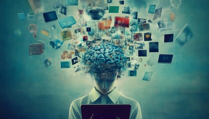 Fototapete - Artificial Intelligence Concept Illustrating Data Explosion and Creative Thinking in Modern Digital World with Human Brain Surrounded by Digital Elements