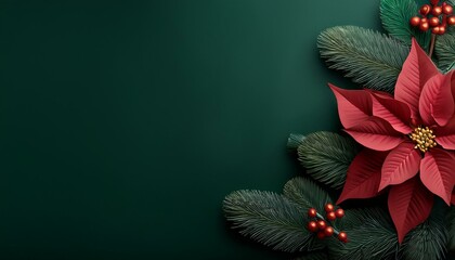 Wall Mural - Banner of aesthetic minimalistic Christmas dark green background with poinsettia flower and fir branch, copy space for texts