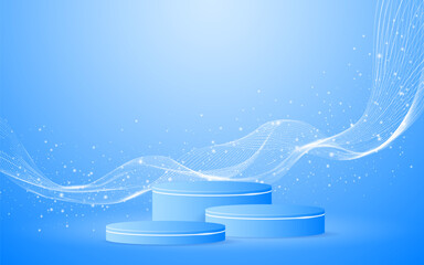 Aufkleber - Multi-layered blue podium with elegant white wave lines on the back for product presentation. Display of cosmetic products. Stage or podium. vector illustration	